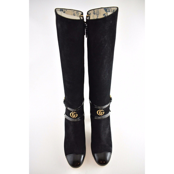 Gucci Geraldine 55 Black Suede Patent GG Gold Logo Low Heel Knee High Boot 35 - Picture 7 of 12